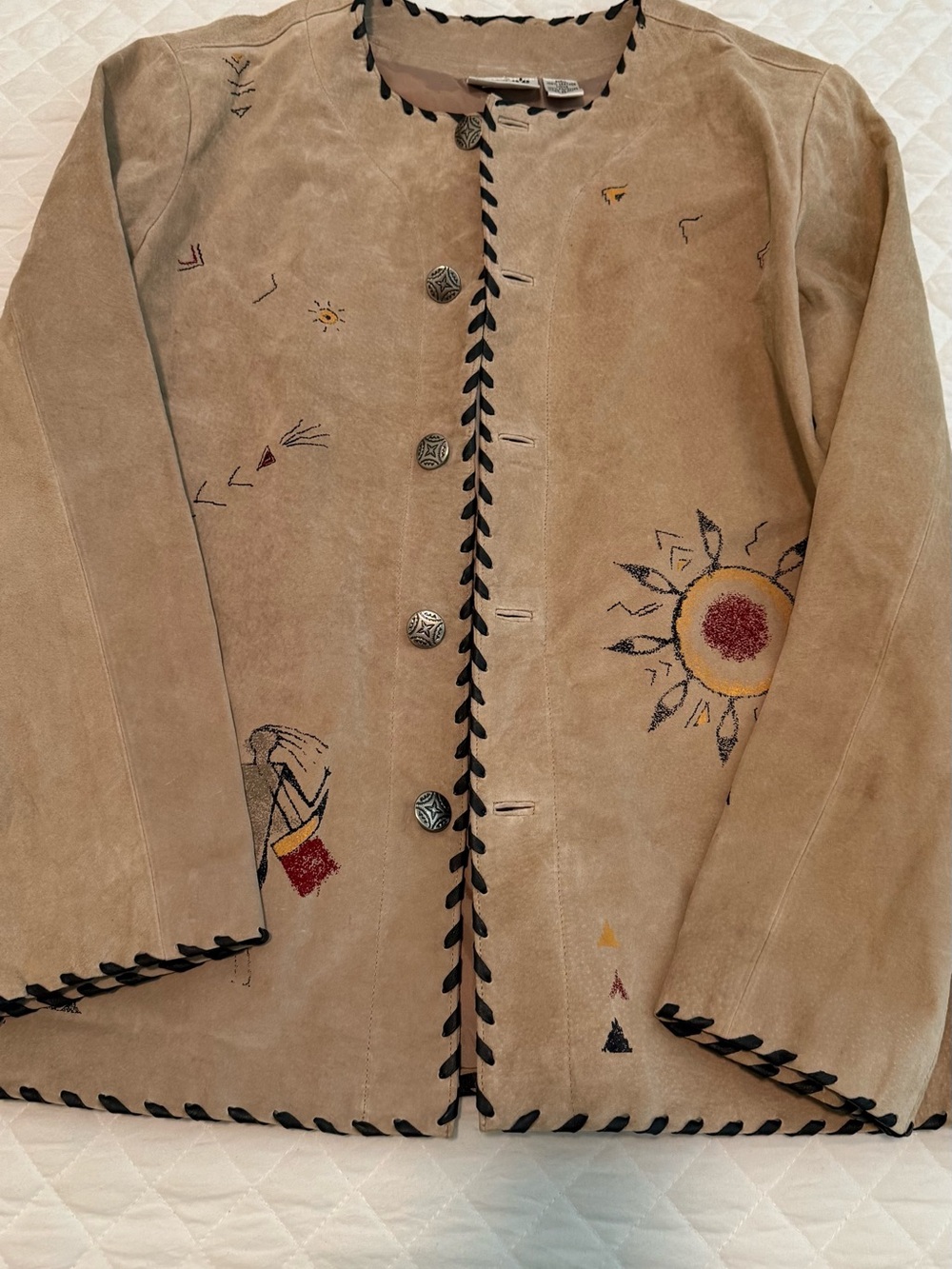 Chico's Tan Suede Embroidered Button-Front Jacket